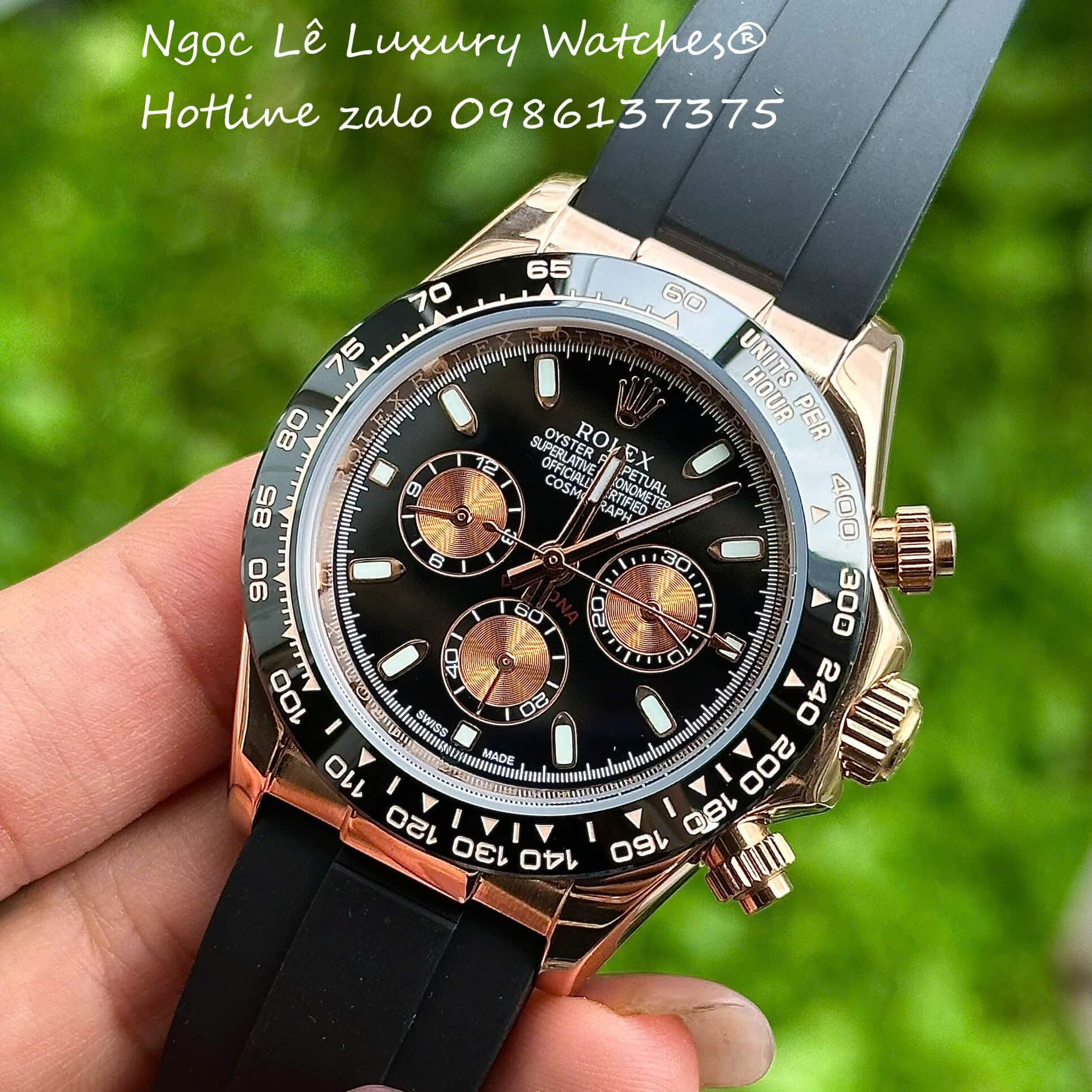 Đồng Hồ Rolex Cosmograph Daytona Automatic Dây Cao Su Đen Mặt Đen Vỏ Rose Size 40mm
