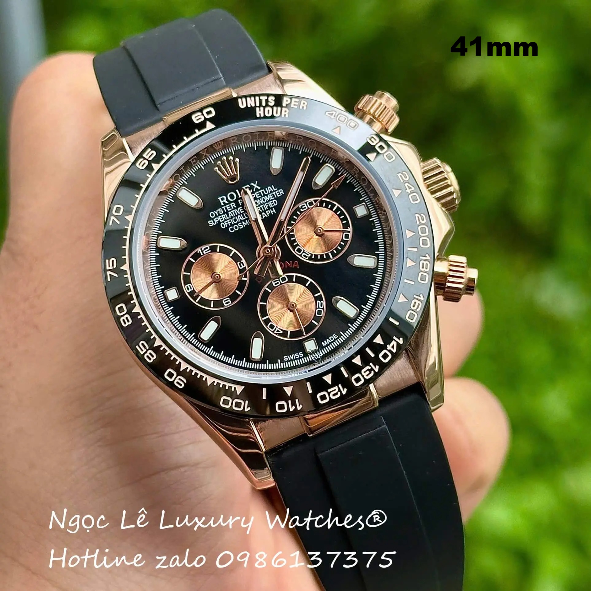 Đồng Hồ Rolex Cosmograph Daytona Automatic Dây Cao Su Đen Mặt Đen Vỏ Rose Size 40mm