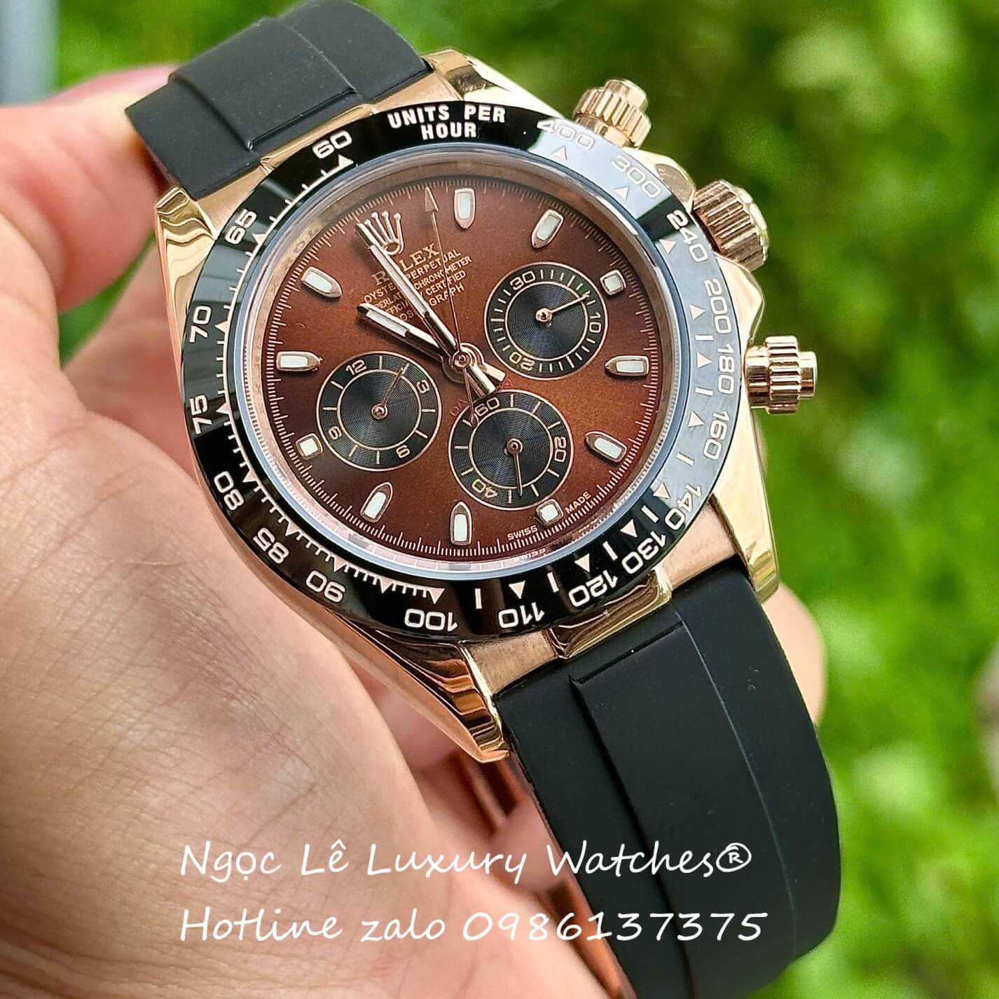 Đồng Hồ Rolex Cosmograph Daytona Automatic Dây Cao Su Đen Mặt Nâu Vỏ Rose Size 40mm