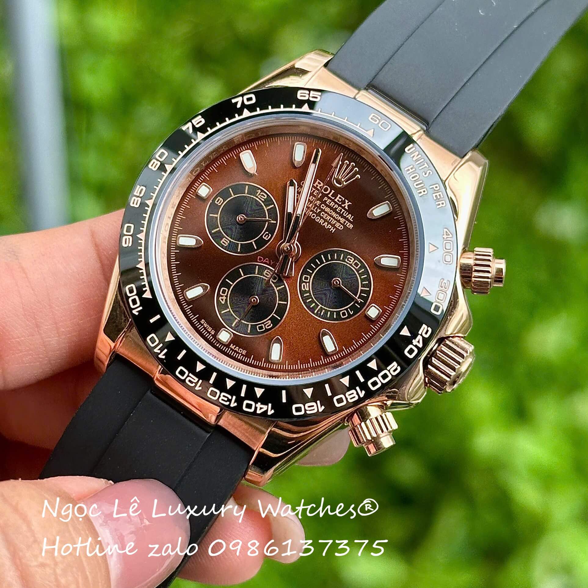 Đồng Hồ Rolex Cosmograph Daytona Automatic Dây Cao Su Đen Mặt Nâu Vỏ Rose Size 40mm