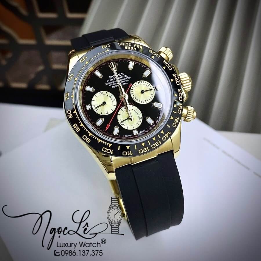 Đồng Hồ Rolex Daytona Automatic Nam Dây Silicon Đen Mặt Đen Vỏ Vàng Size 40mm