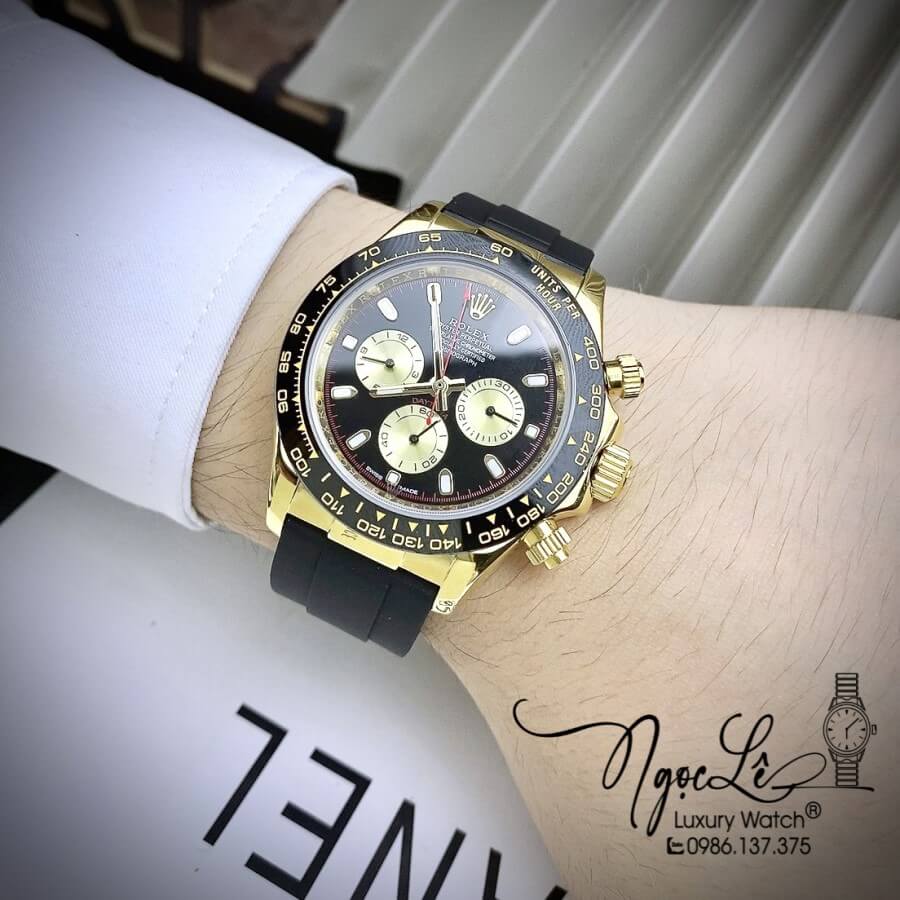 Đồng Hồ Rolex Daytona Automatic Nam Dây Silicon Đen Mặt Đen Vỏ Vàng Size 40mm