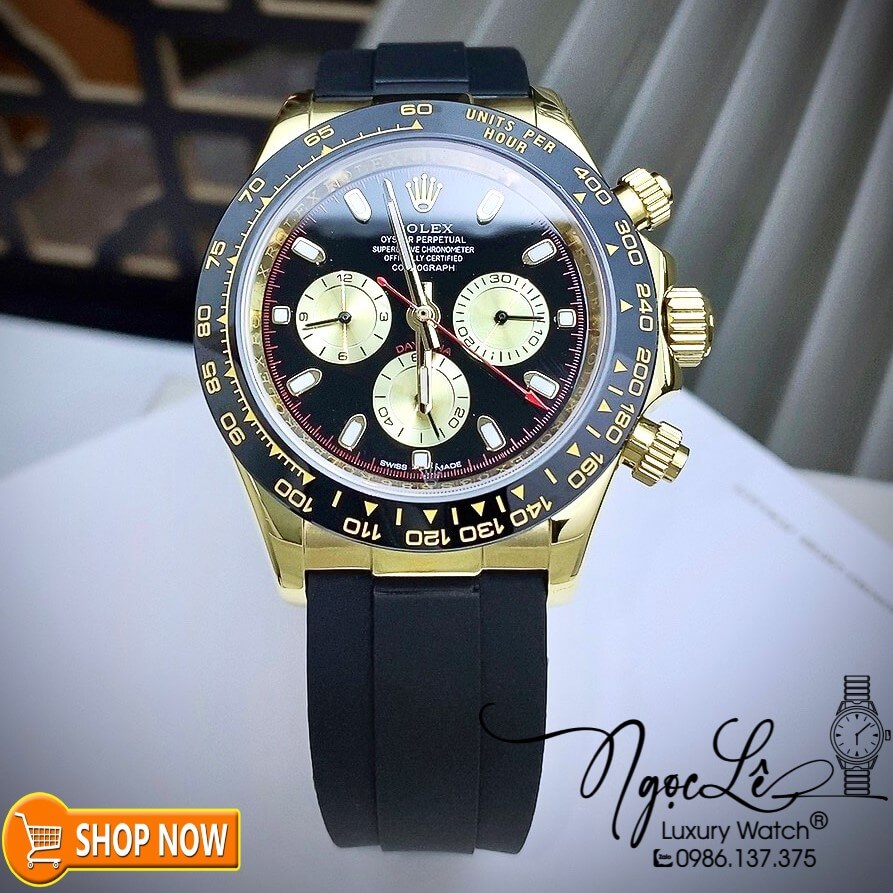 Đồng Hồ Rolex Daytona Automatic Nam Dây Silicon Đen Mặt Đen Vỏ Vàng Size 40mm