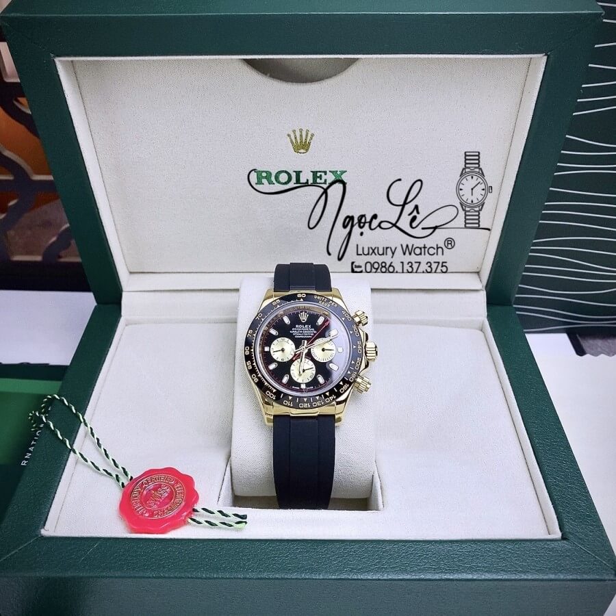 Đồng Hồ Rolex Daytona Automatic Nam Dây Silicon Đen Mặt Đen Vỏ Vàng Size 40mm