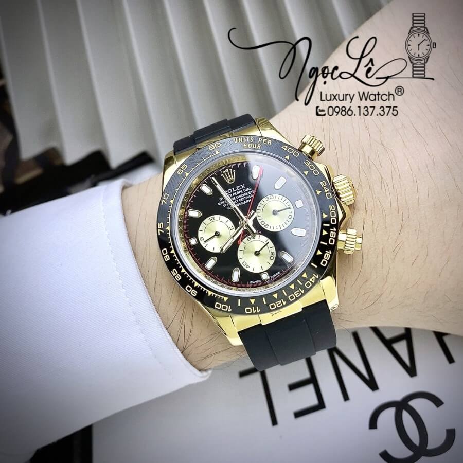 Đồng Hồ Rolex Daytona Automatic Nam Dây Silicon Đen Mặt Đen Vỏ Vàng Size 40mm