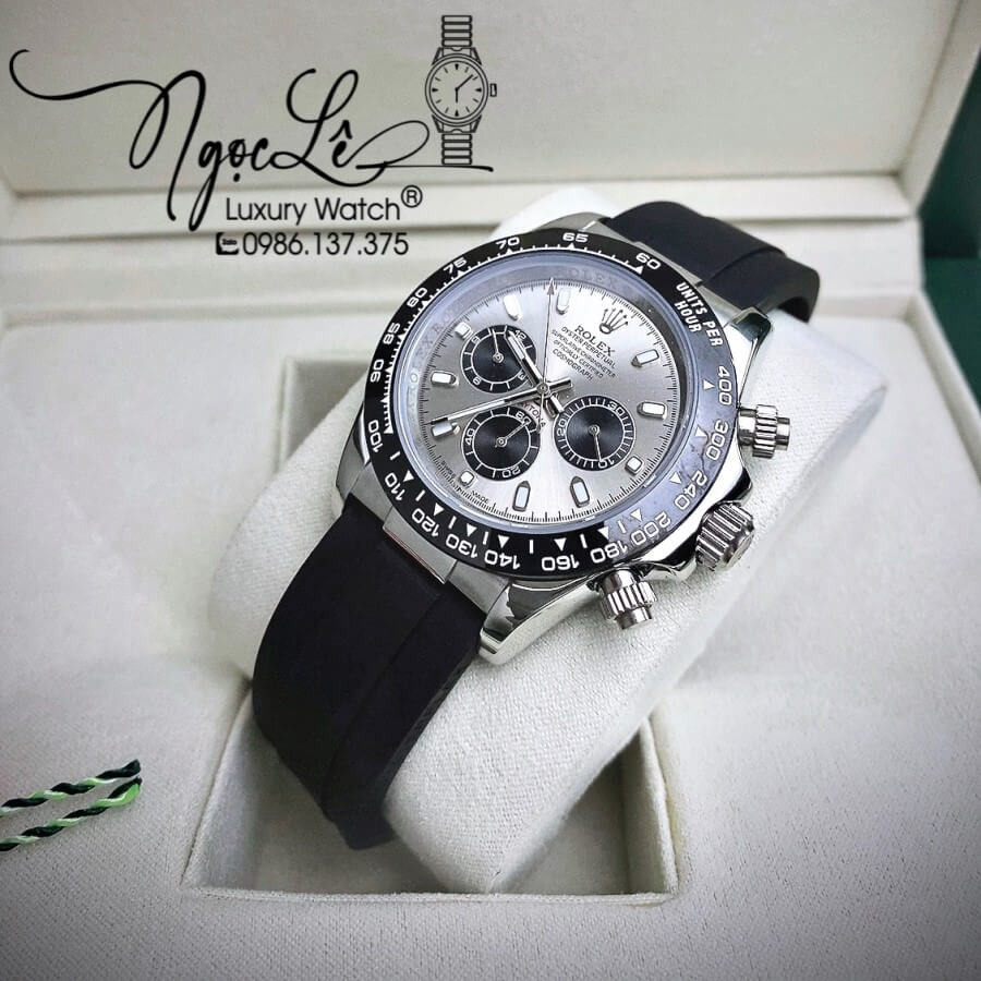 Đồng Hồ Rolex Daytona Automatic Nam Dây Silicon Đen Mặt Xám Size 40mm