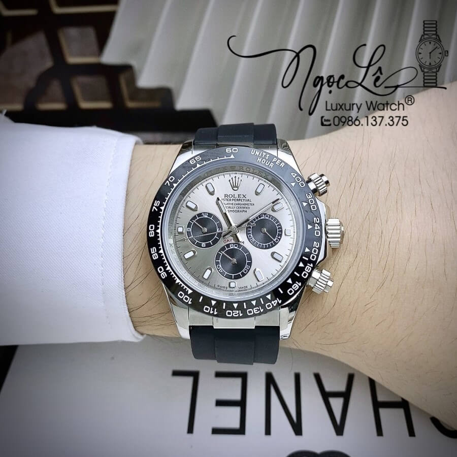 Đồng Hồ Rolex Daytona Automatic Nam Dây Silicon Đen Mặt Xám Size 40mm