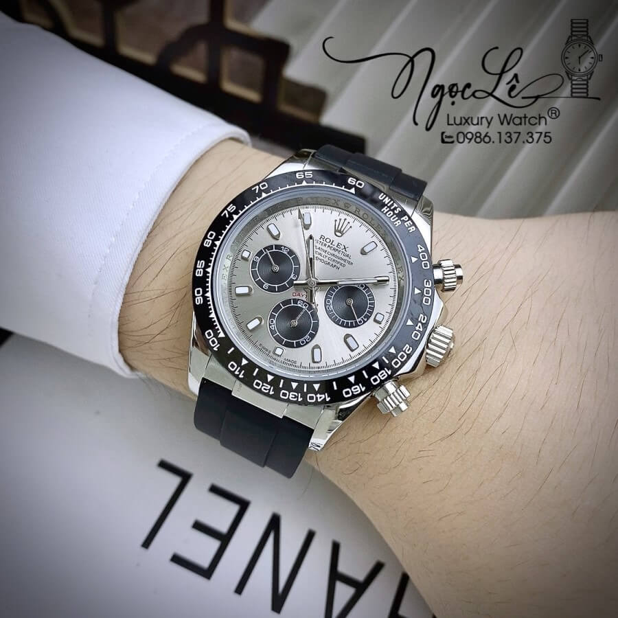 Đồng Hồ Rolex Daytona Automatic Nam Dây Silicon Đen Mặt Xám Size 40mm