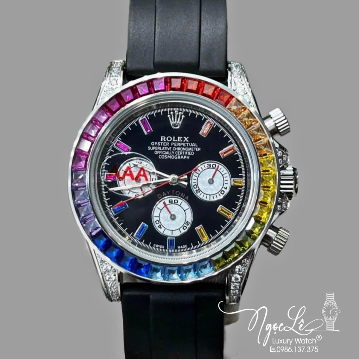 Đồng Hồ Nam Rolex Daytona Rainbow Automatic Dây Silicon Đen Vỏ Bạc Size 40mm