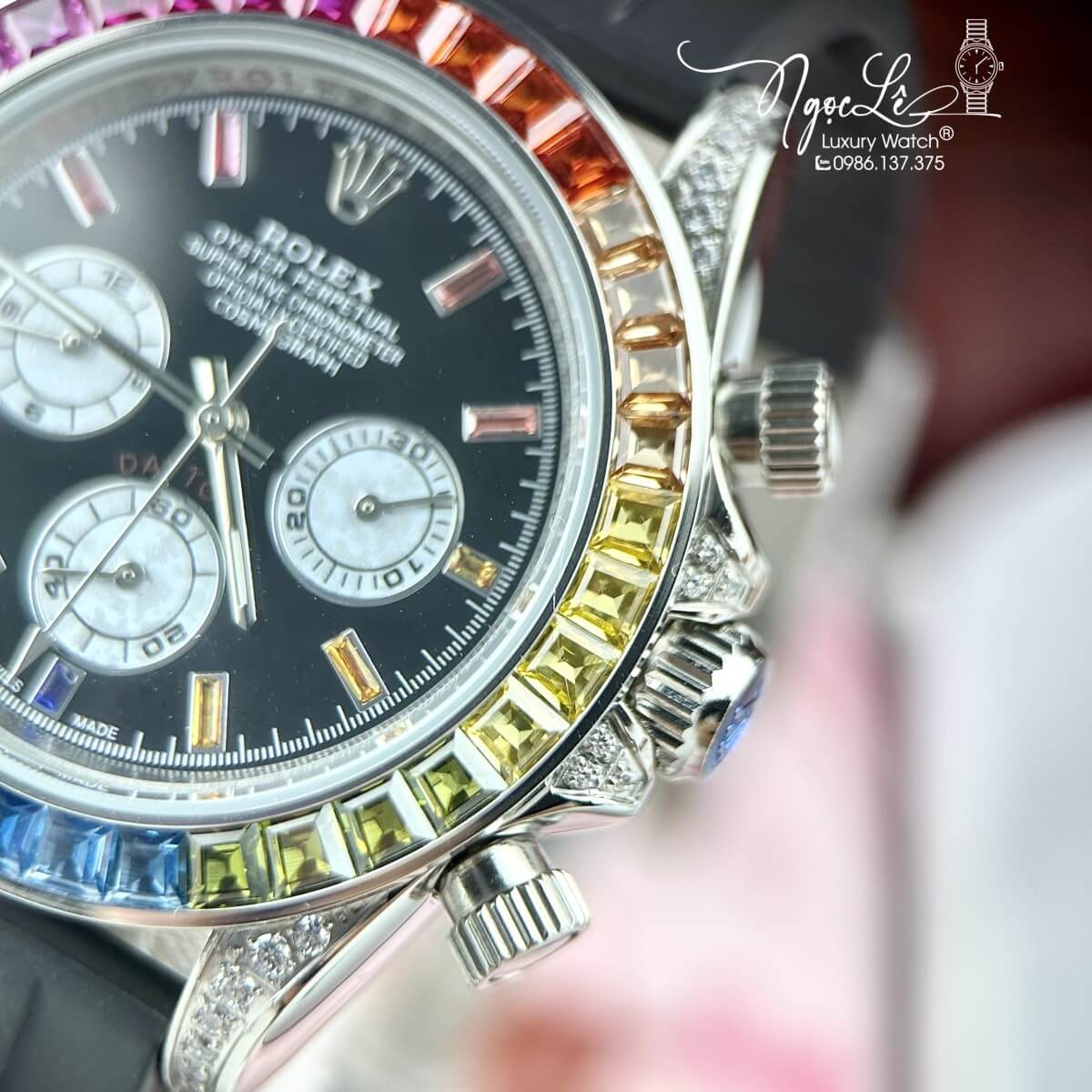 Đồng Hồ Nam Rolex Daytona Rainbow Automatic Dây Silicon Đen Vỏ Bạc Size 40mm
