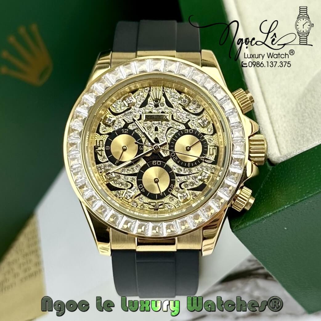 Đồng Hồ Nam Rolex Daytona Automatic Dây Silicon Đen Đính Đá Vàng Size 40mm
