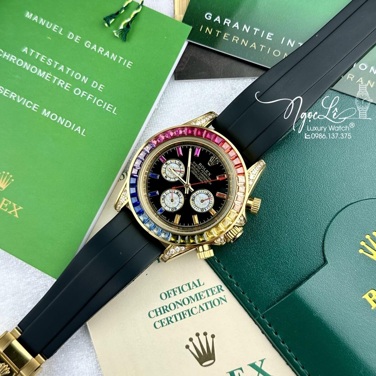 Đồng Hồ Nam Rolex Daytona Rainbow Automatic Dây Silicon Đen Vỏ Vàng Size 40mm