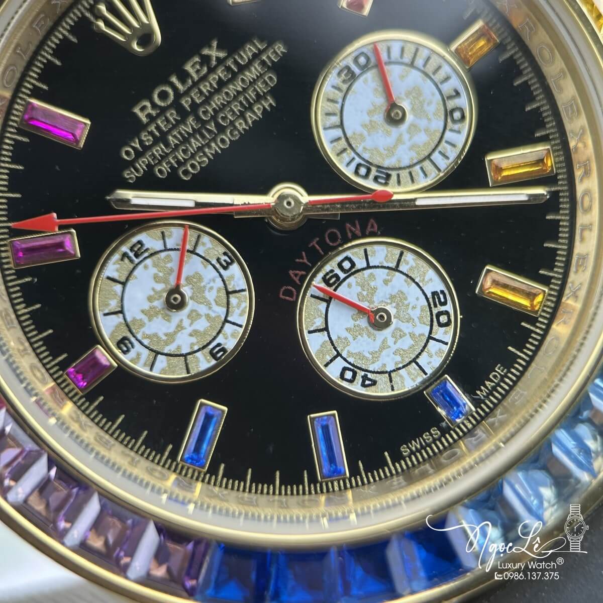 Đồng Hồ Nam Rolex Daytona Rainbow Automatic Dây Silicon Đen Vỏ Vàng Size 40mm