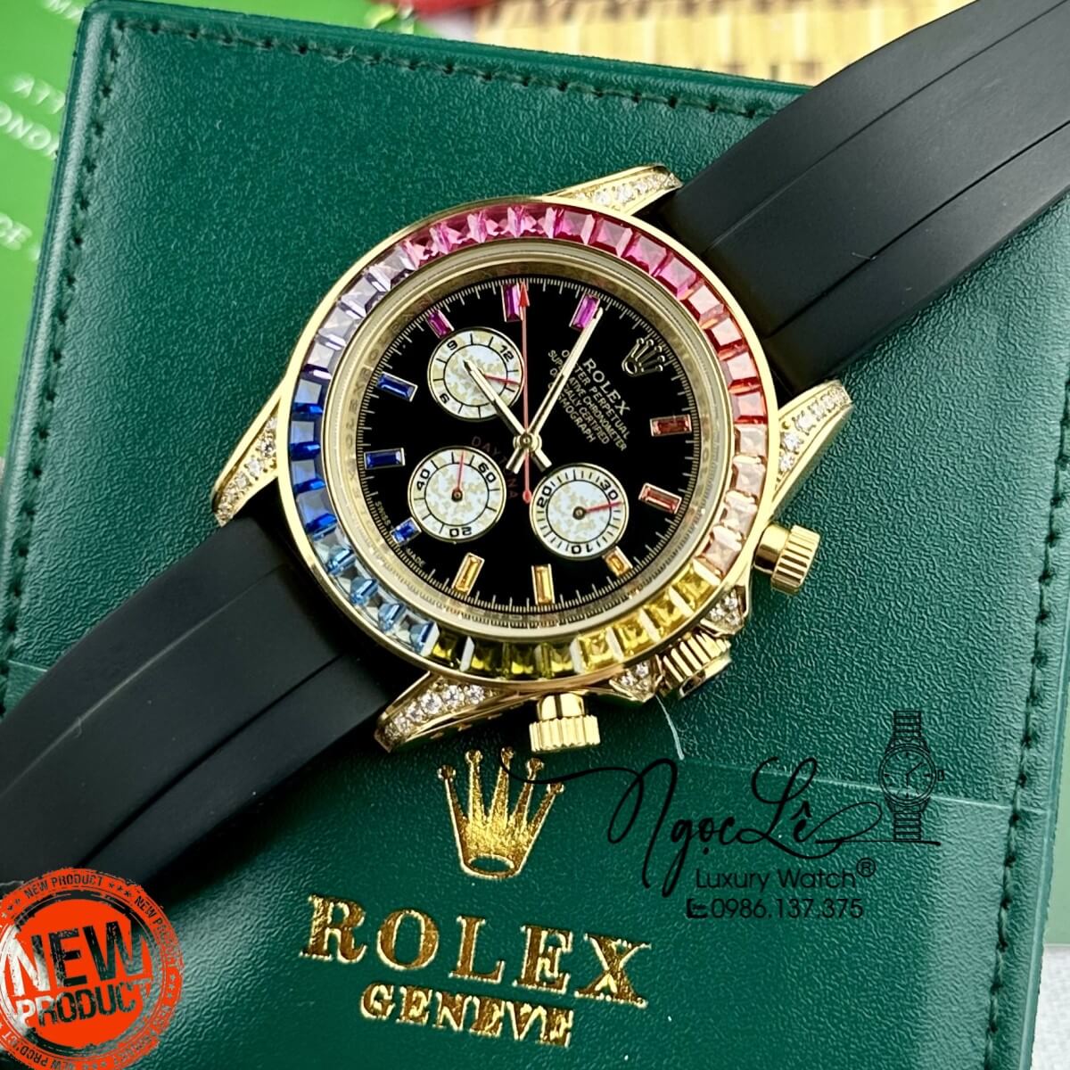 Đồng Hồ Nam Rolex Daytona Rainbow Automatic Dây Silicon Đen Vỏ Vàng Size 40mm