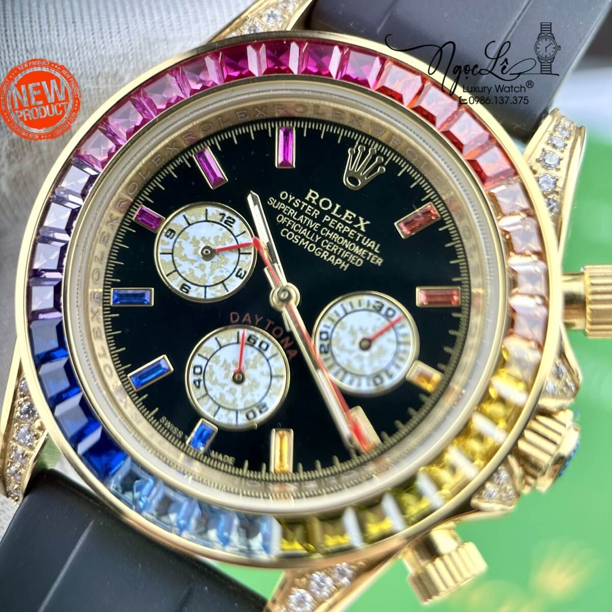 Đồng Hồ Nam Rolex Daytona Rainbow Automatic Dây Silicon Đen Vỏ Vàng Size 40mm