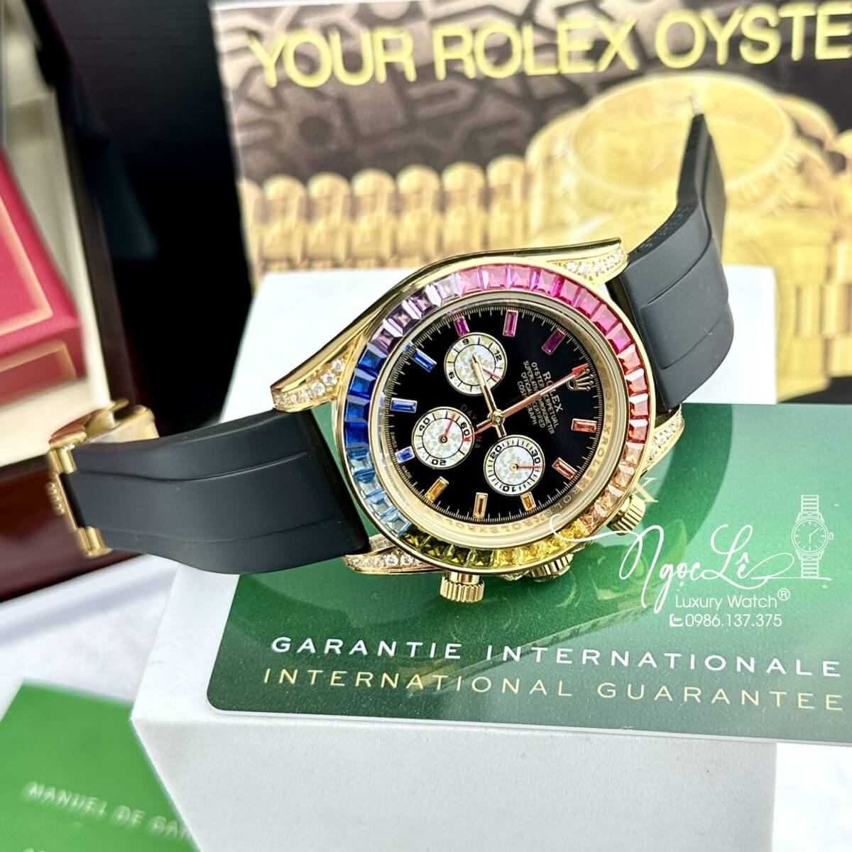 Đồng Hồ Nam Rolex Daytona Rainbow Automatic Dây Silicon Đen Vỏ Vàng Size 40mm