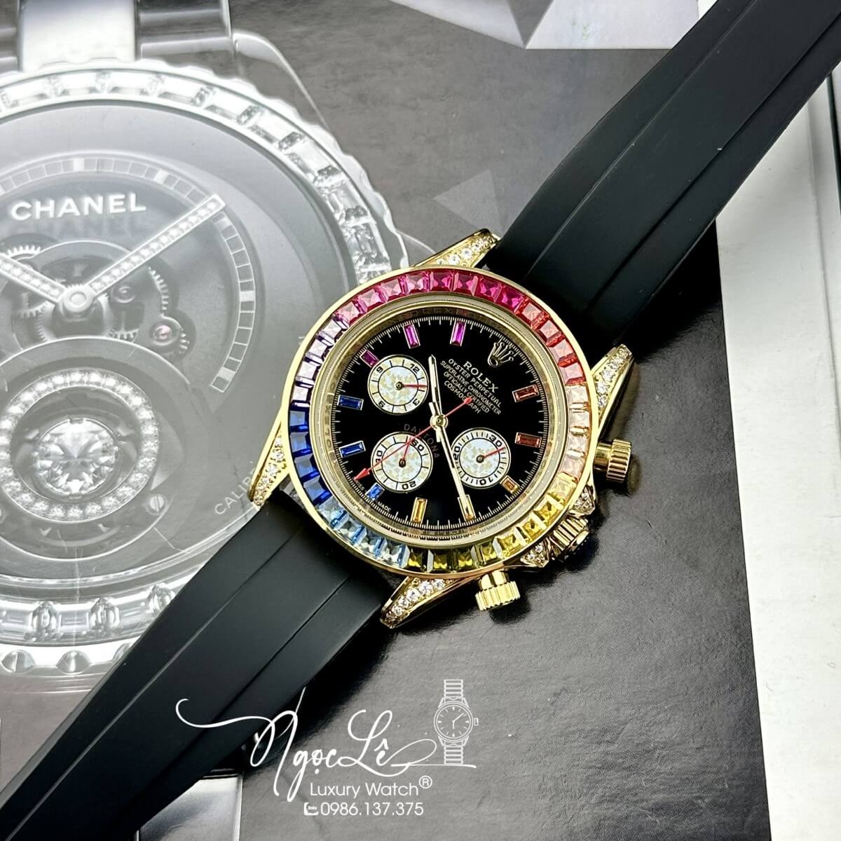 Đồng Hồ Nam Rolex Daytona Rainbow Automatic Dây Silicon Đen Vỏ Vàng Size 40mm