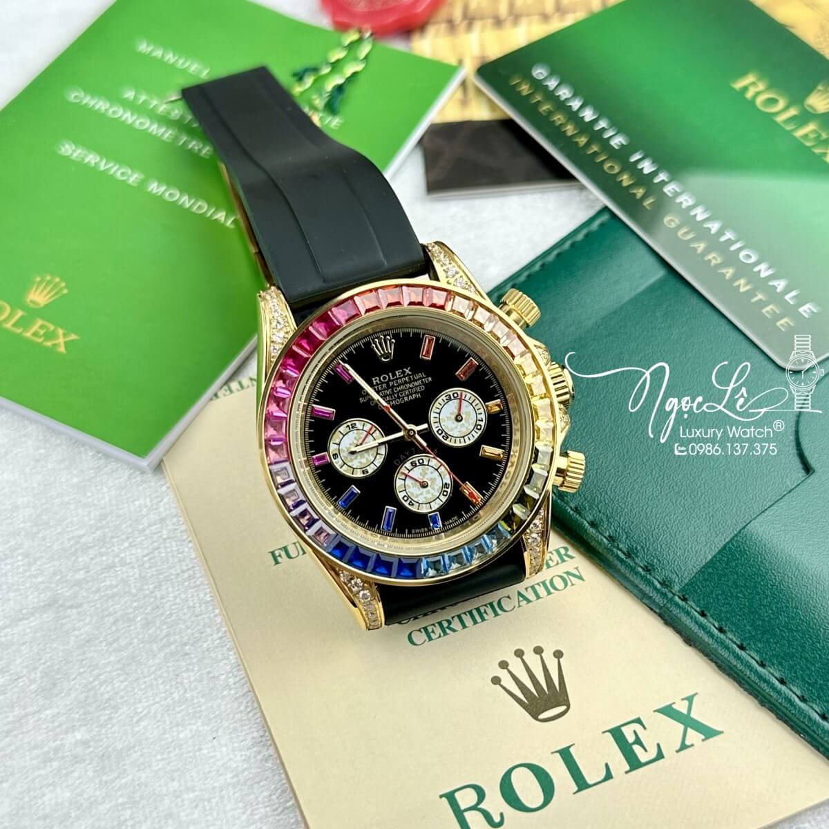 Đồng Hồ Nam Rolex Daytona Rainbow Automatic Dây Silicon Đen Vỏ Vàng Size 40mm