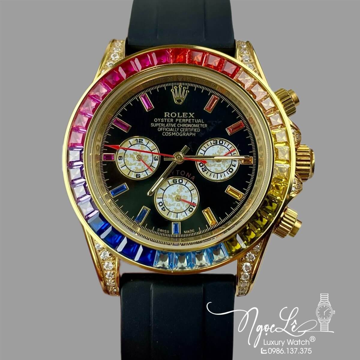 Đồng Hồ Nam Rolex Daytona Rainbow Automatic Dây Silicon Đen Vỏ Vàng Size 40mm