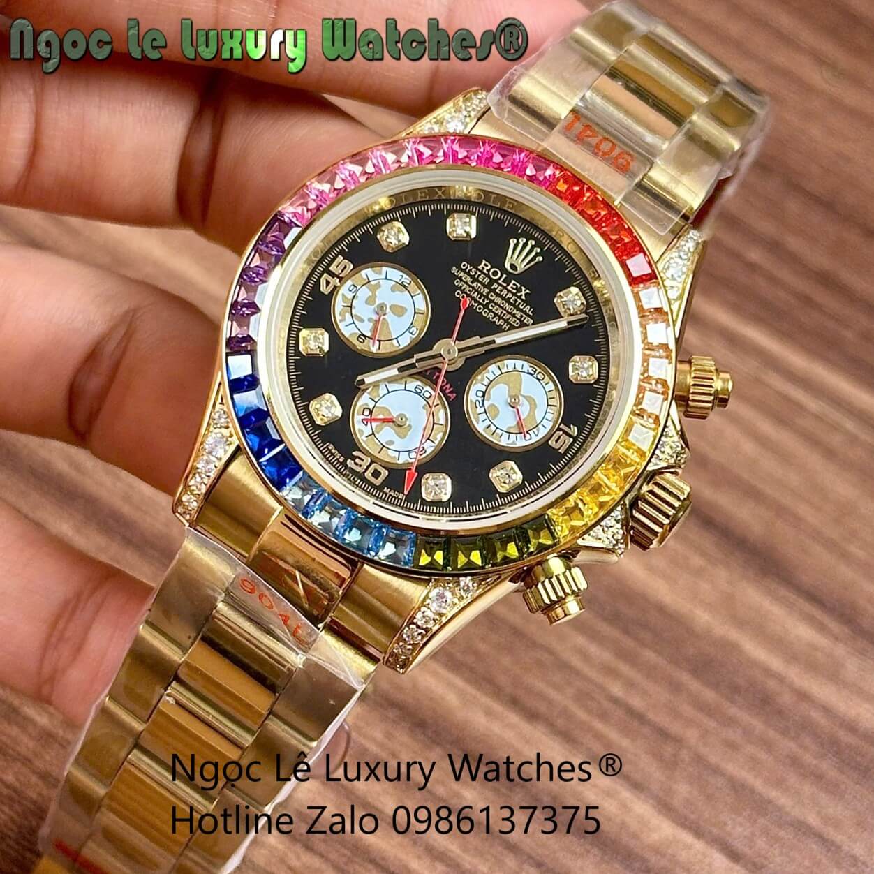 Đồng Hồ Rolex Daytona Rainbow Automatic Dây Kim Loại Màu Vàng Gold Size 40mm (Unisex)