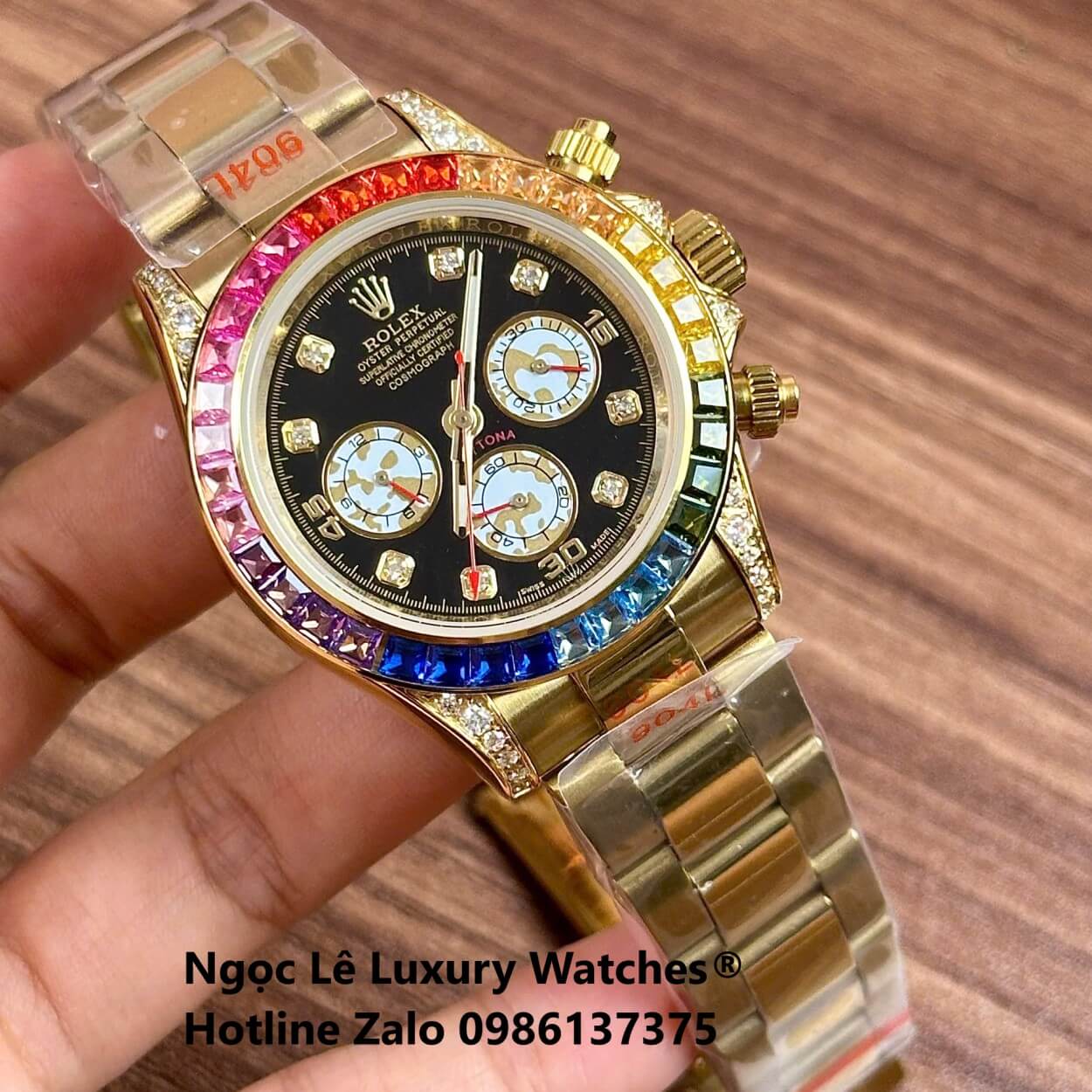 Đồng Hồ Rolex Daytona Rainbow Automatic Dây Kim Loại Màu Vàng Gold Size 40mm (Unisex)