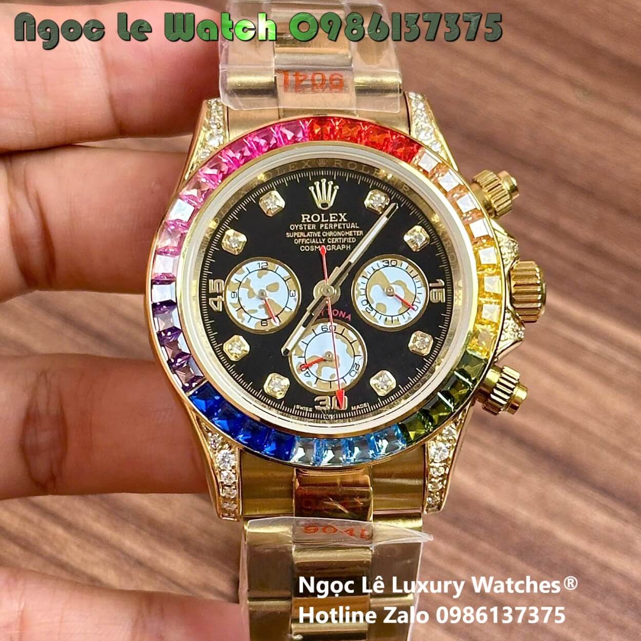 Đồng Hồ Rolex Daytona Rainbow Automatic Dây Kim Loại Màu Vàng Gold Size 40mm (Unisex)