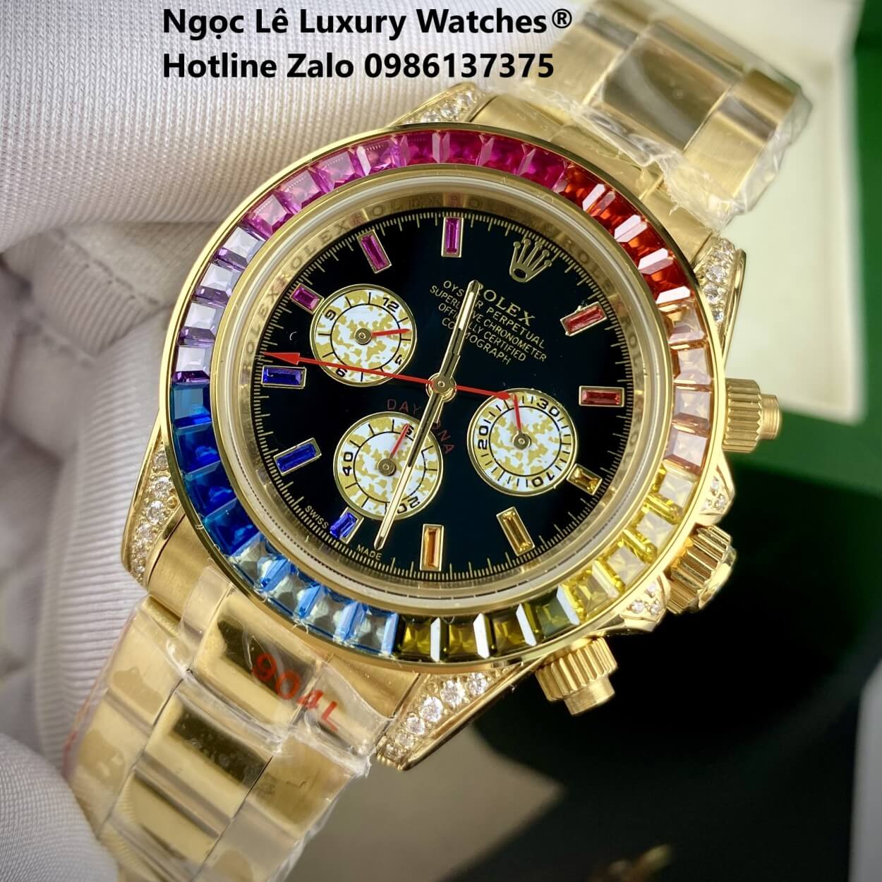 Đồng Hồ Rolex Daytona Rainbow Automatic Dây Kim Loại Màu Vàng Gold Size 40mm (Unisex)
