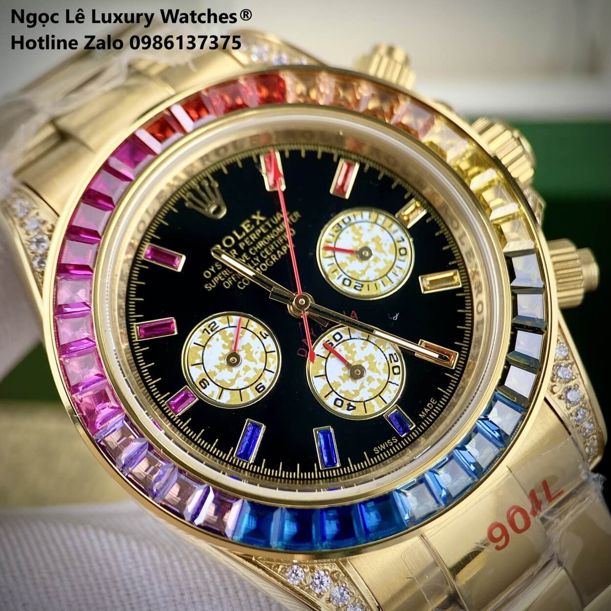 Đồng Hồ Rolex Daytona Rainbow Automatic Dây Kim Loại Màu Vàng Gold Size 40mm (Unisex)