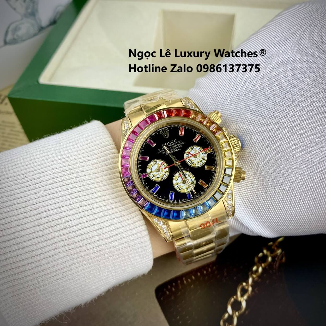 Đồng Hồ Rolex Daytona Rainbow Automatic Dây Kim Loại Màu Vàng Gold Size 40mm (Unisex)
