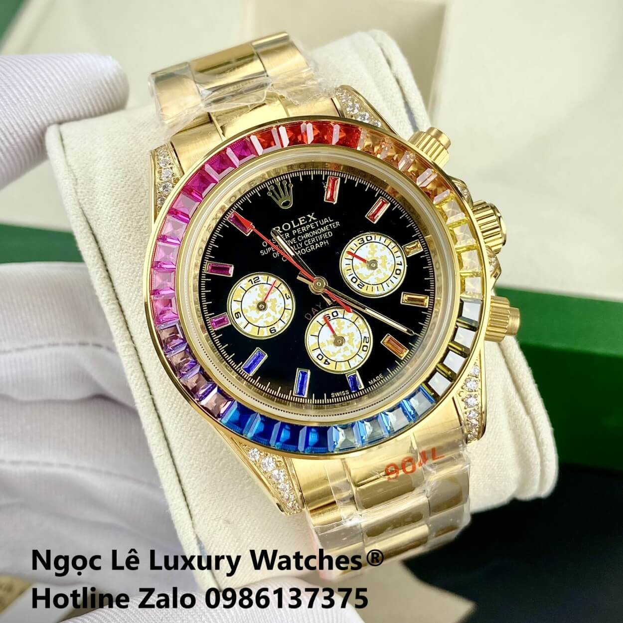 Đồng Hồ Rolex Daytona Rainbow Automatic Dây Kim Loại Màu Vàng Gold Size 40mm (Unisex)