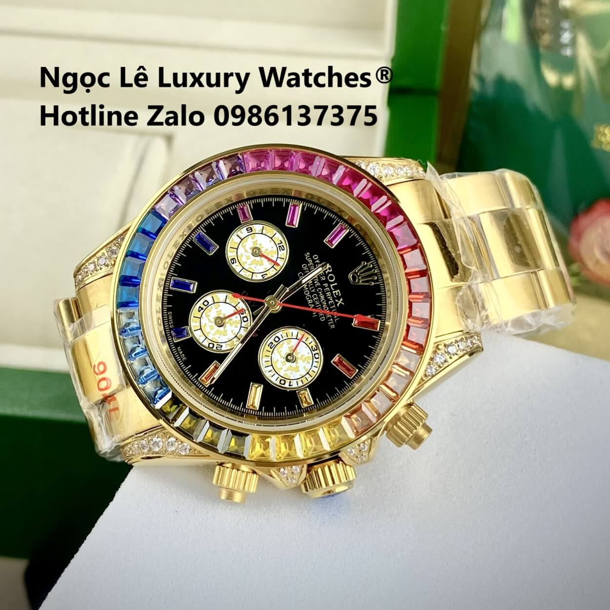 Đồng Hồ Rolex Daytona Rainbow Automatic Dây Kim Loại Màu Vàng Gold Size 40mm (Unisex)