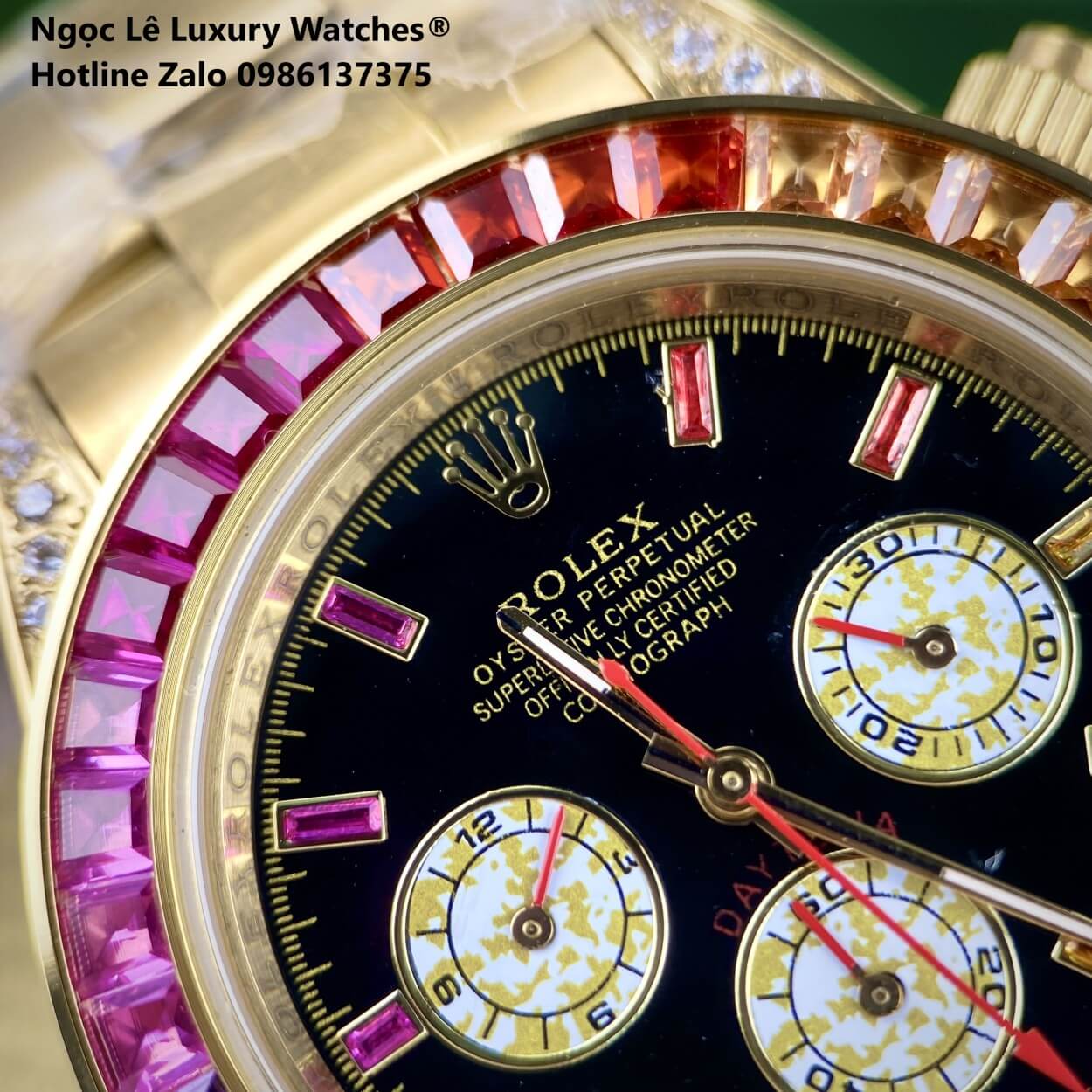 Đồng Hồ Rolex Daytona Rainbow Automatic Dây Kim Loại Màu Vàng Gold Size 40mm (Unisex)