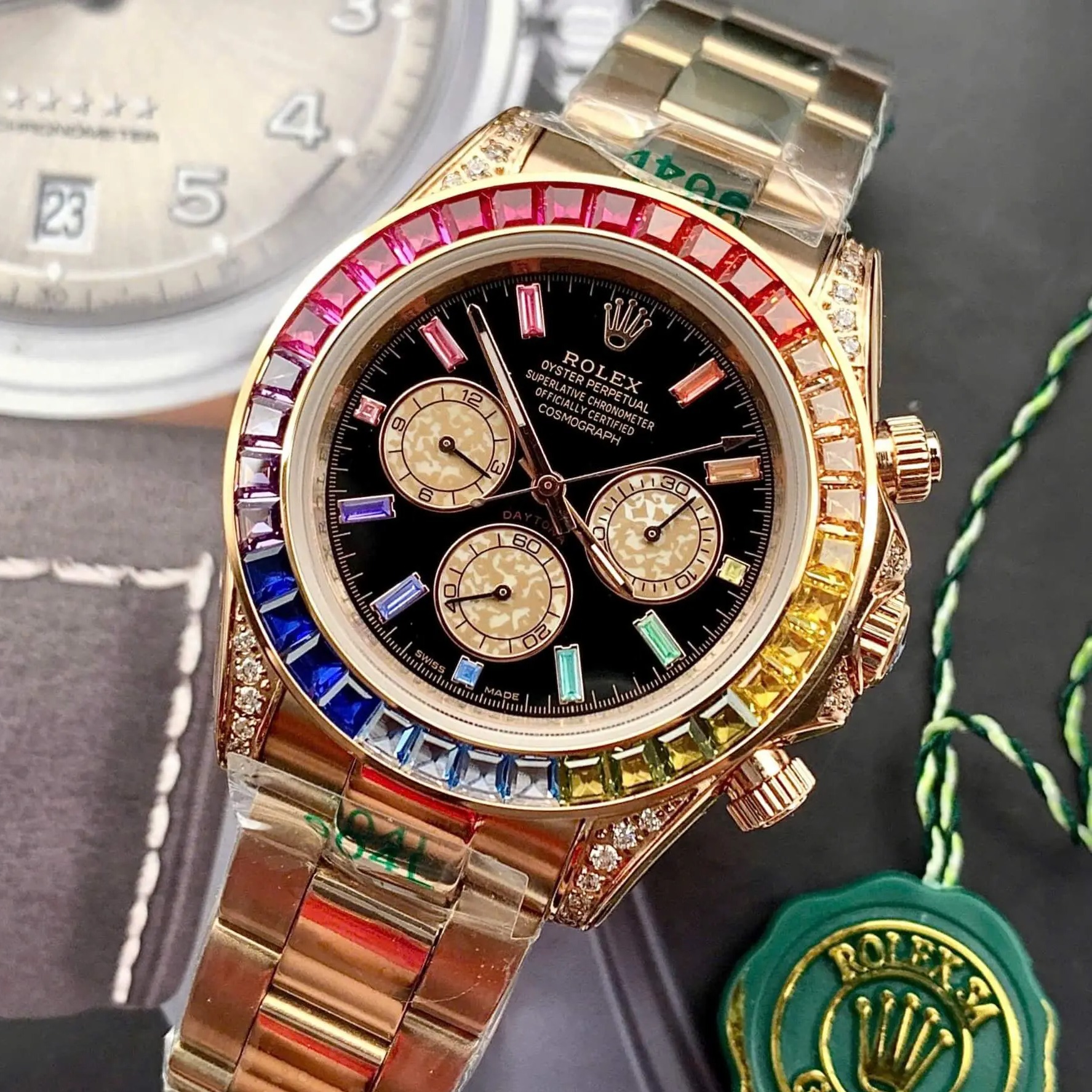 Đồng Hồ Rolex Daytona Rainbow Automatic Dây Kim Loại Màu Vàng Hồng Size 40mm (Unisex)