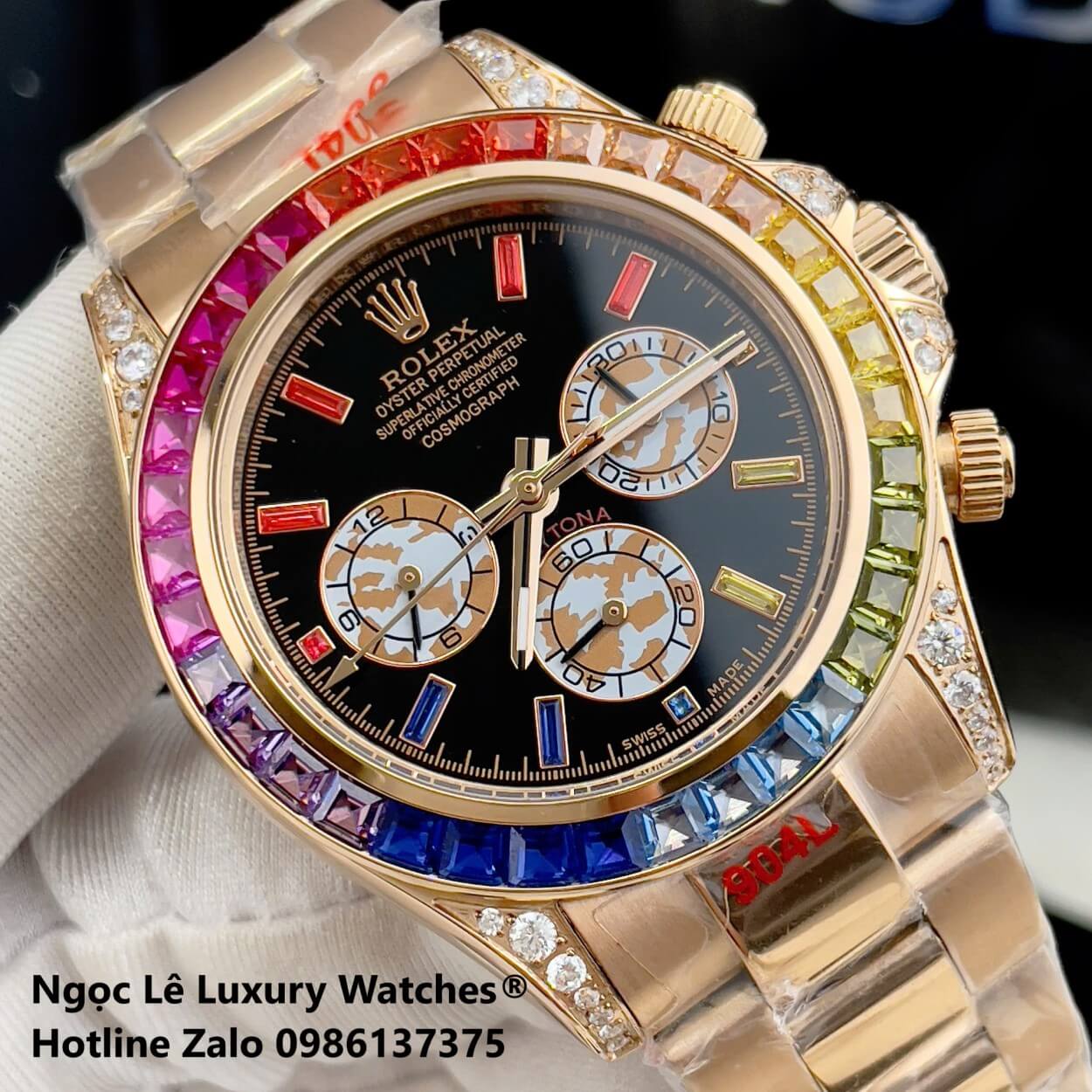 Đồng Hồ Rolex Daytona Rainbow Automatic Dây Kim Loại Màu Vàng Hồng Size 40mm (Unisex)