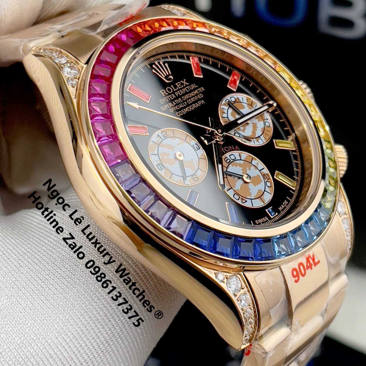 Đồng Hồ Rolex Daytona Rainbow Automatic Dây Kim Loại Màu Vàng Hồng Size 40mm (Unisex)