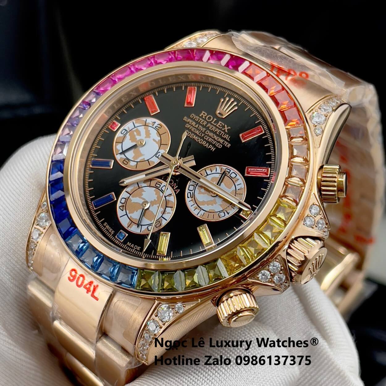 Đồng Hồ Rolex Daytona Rainbow Automatic Dây Kim Loại Màu Vàng Hồng Size 40mm (Unisex)