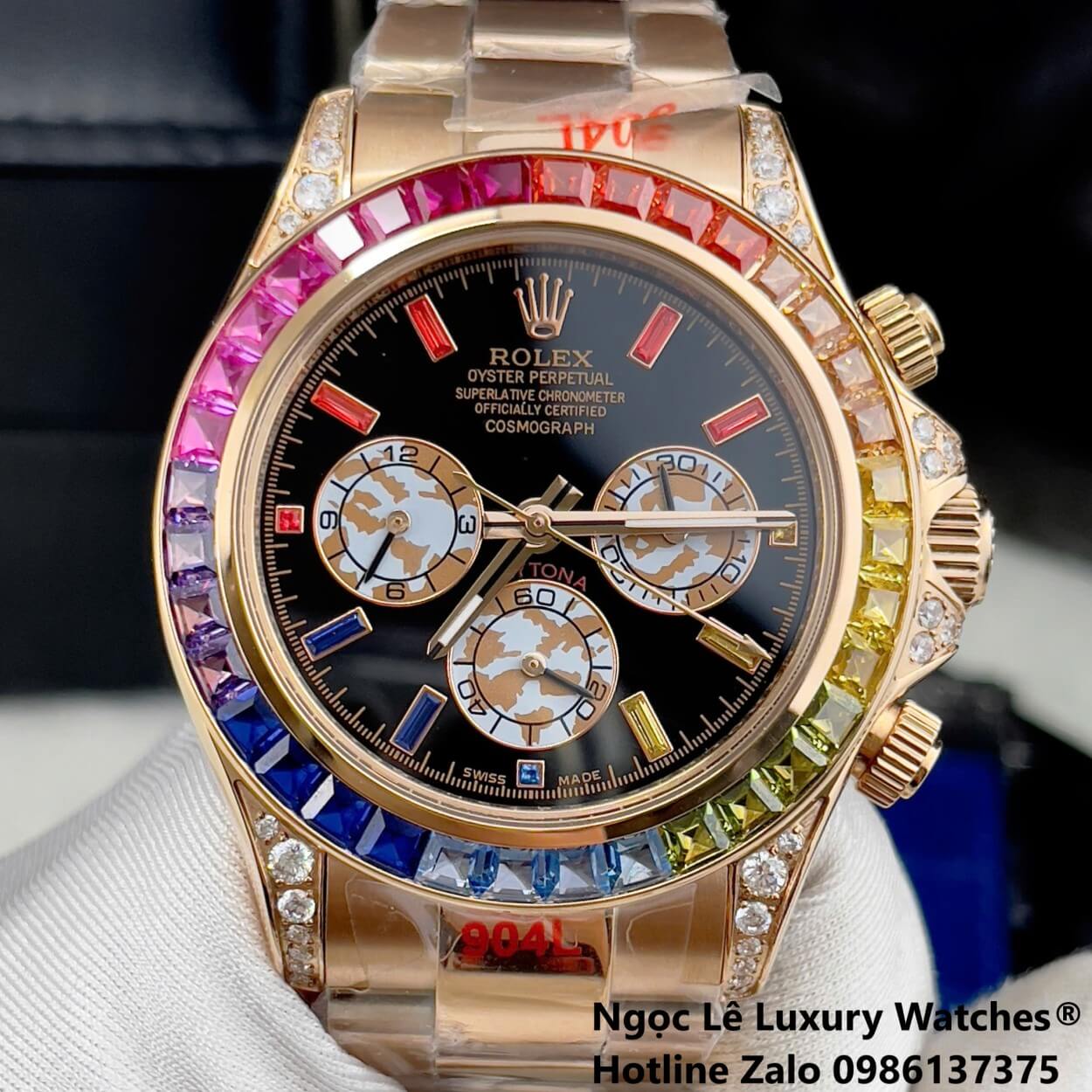 Đồng Hồ Rolex Daytona Rainbow Automatic Dây Kim Loại Màu Vàng Hồng Size 40mm (Unisex)