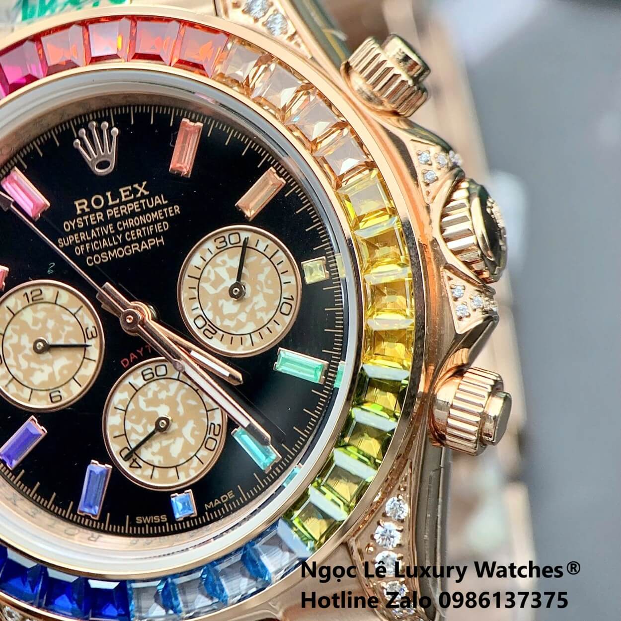 Đồng Hồ Rolex Daytona Rainbow Automatic Dây Kim Loại Màu Vàng Hồng Size 40mm (Unisex)
