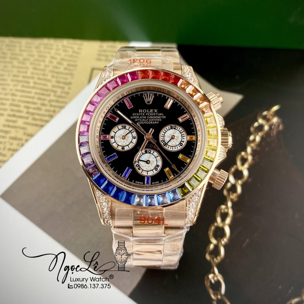 Đồng Hồ Nam Rolex Daytona Rainbow Automatic Unisex 40mm Dây Kim Loại Rose