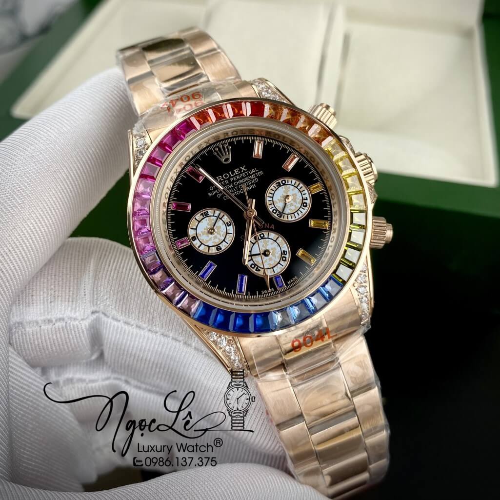 Đồng Hồ Nam Rolex Daytona Rainbow Automatic Unisex 40mm Dây Kim Loại Rose