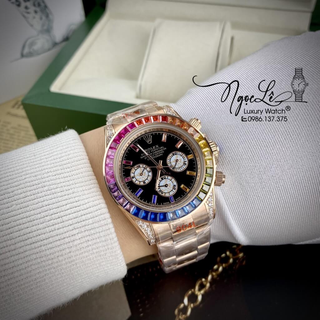 Đồng Hồ Nam Rolex Daytona Rainbow Automatic Unisex 40mm Dây Kim Loại Rose