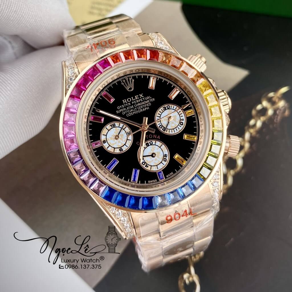 Đồng Hồ Nam Rolex Daytona Rainbow Automatic Unisex 40mm Dây Kim Loại Rose