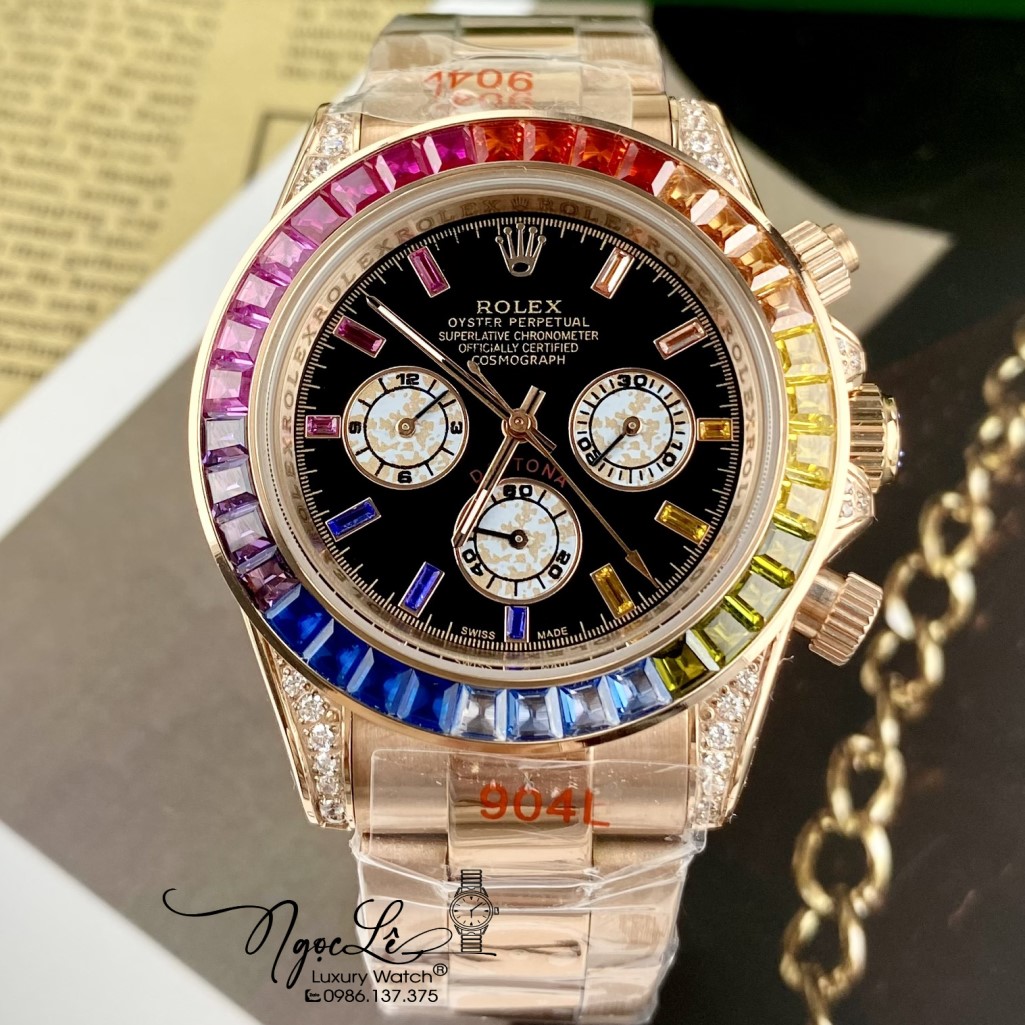 Đồng Hồ Nam Rolex Daytona Rainbow Automatic Unisex 40mm Dây Kim Loại Rose