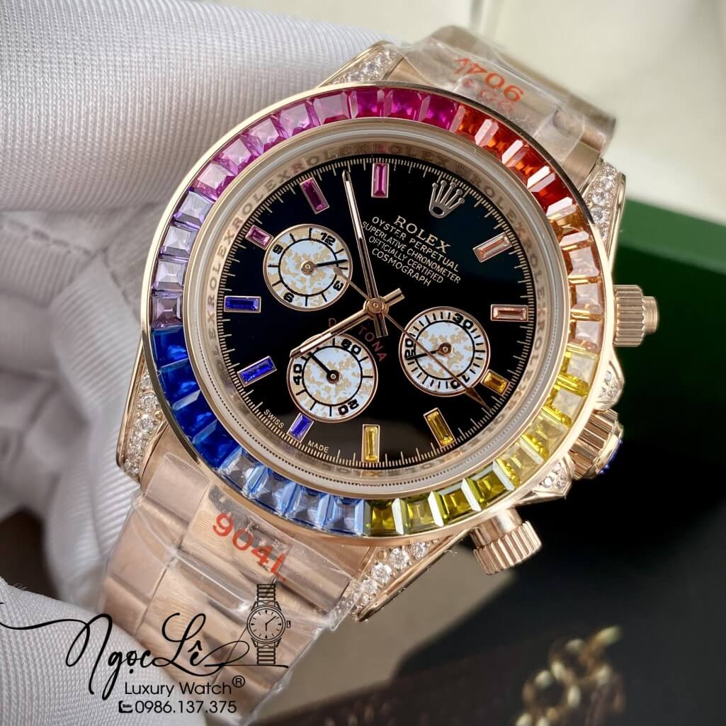 Đồng Hồ Nam Rolex Daytona Rainbow Automatic Unisex 40mm Dây Kim Loại Rose