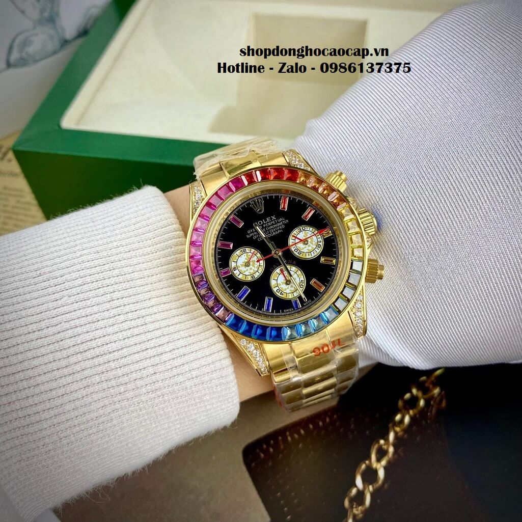 Đồng Hồ Rolex Daytona Rainbow Automatic Unisex 40mm Dây Kim Loại Vàng