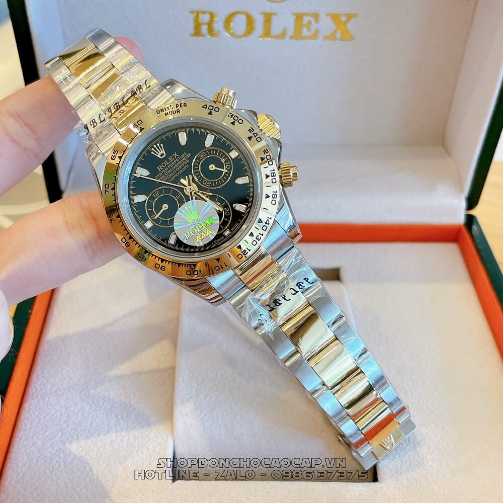 Đồng Hồ Rolex Daytona Tự Động Nam Dây Kim Loại Demi Đen 40mm