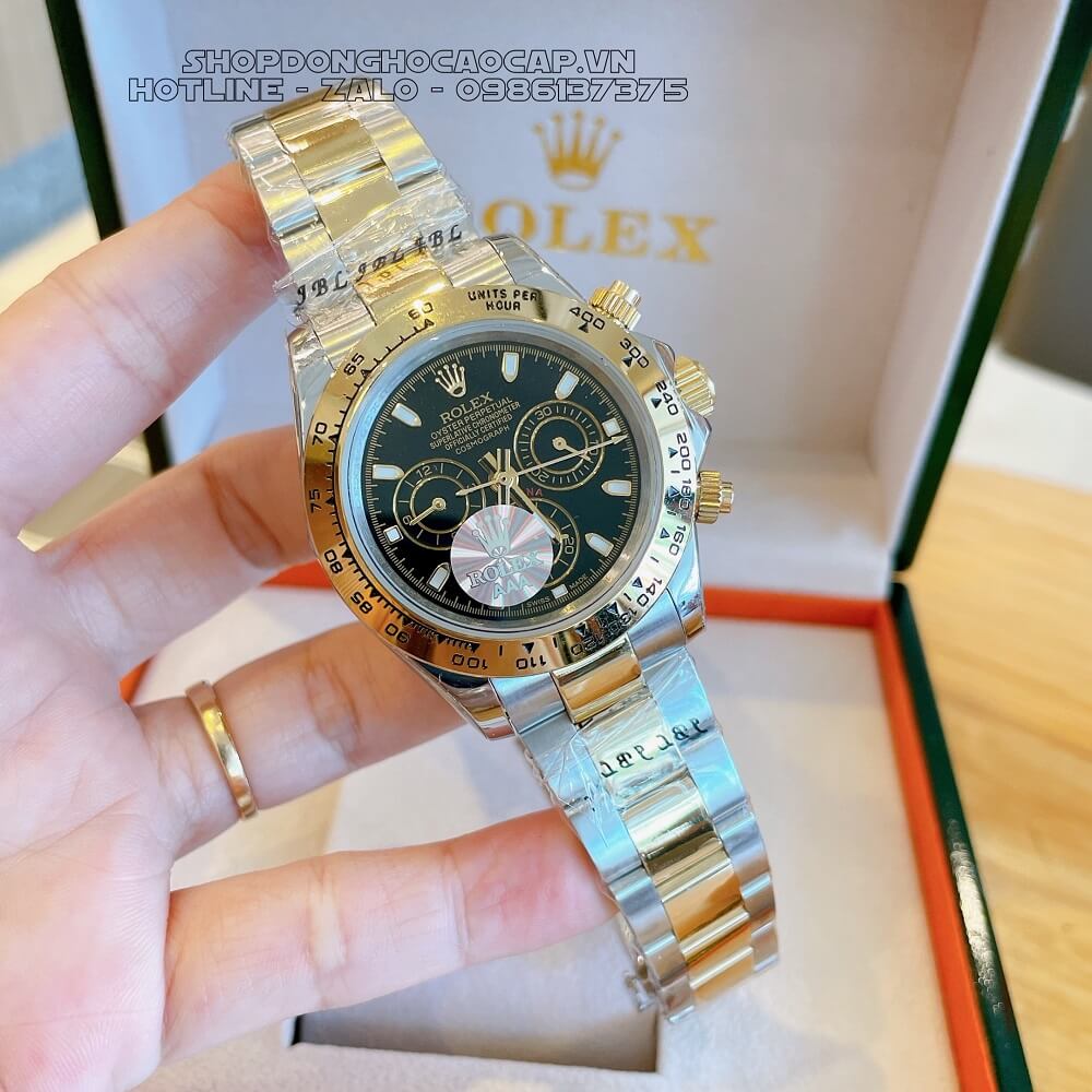 Đồng Hồ Rolex Daytona Tự Động Nam Dây Kim Loại Demi Đen 40mm