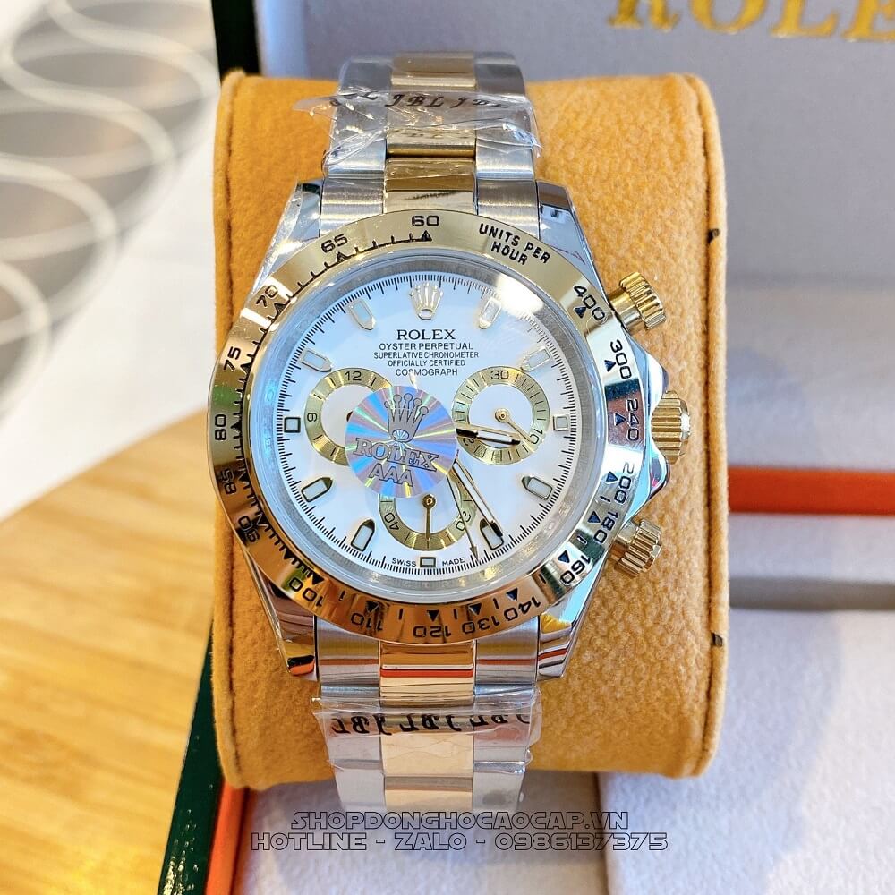 Đồng Hồ Rolex Daytona Tự Động Nam Dây Kim Loại Demi Trắng 40mm