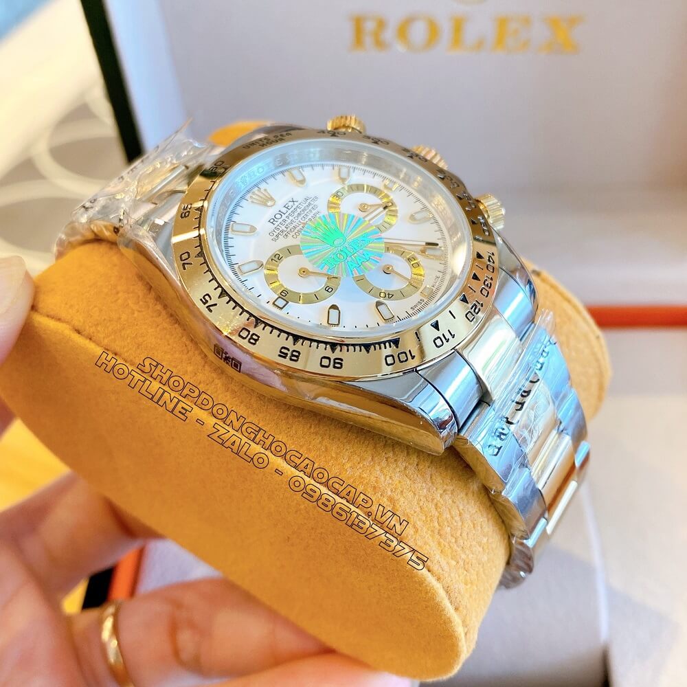 Đồng Hồ Rolex Daytona Tự Động Nam Dây Kim Loại Demi Trắng 40mm