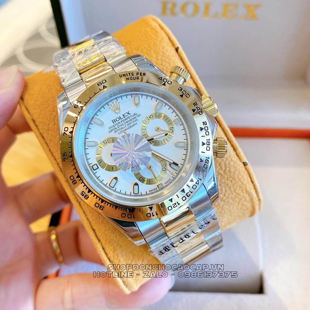 Đồng Hồ Rolex Daytona Tự Động Nam Dây Kim Loại Demi Trắng 40mm